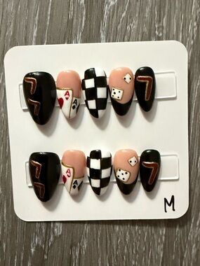 Glam Casino Press-On Nails – Black & Pink Checkered Design
